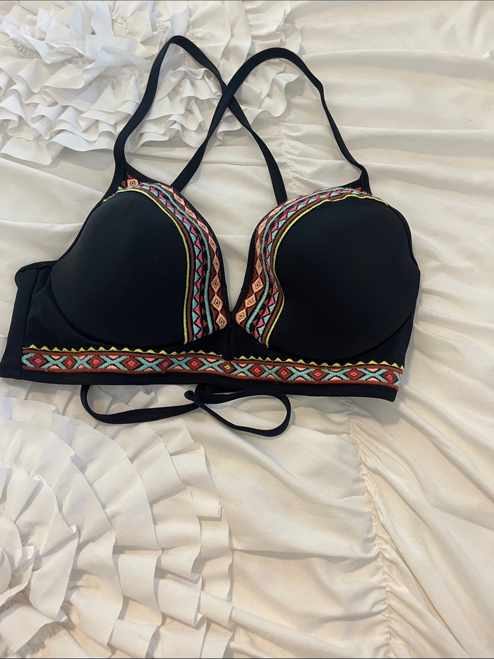 Black Embroidered Bikini Top with Multicolor Accents